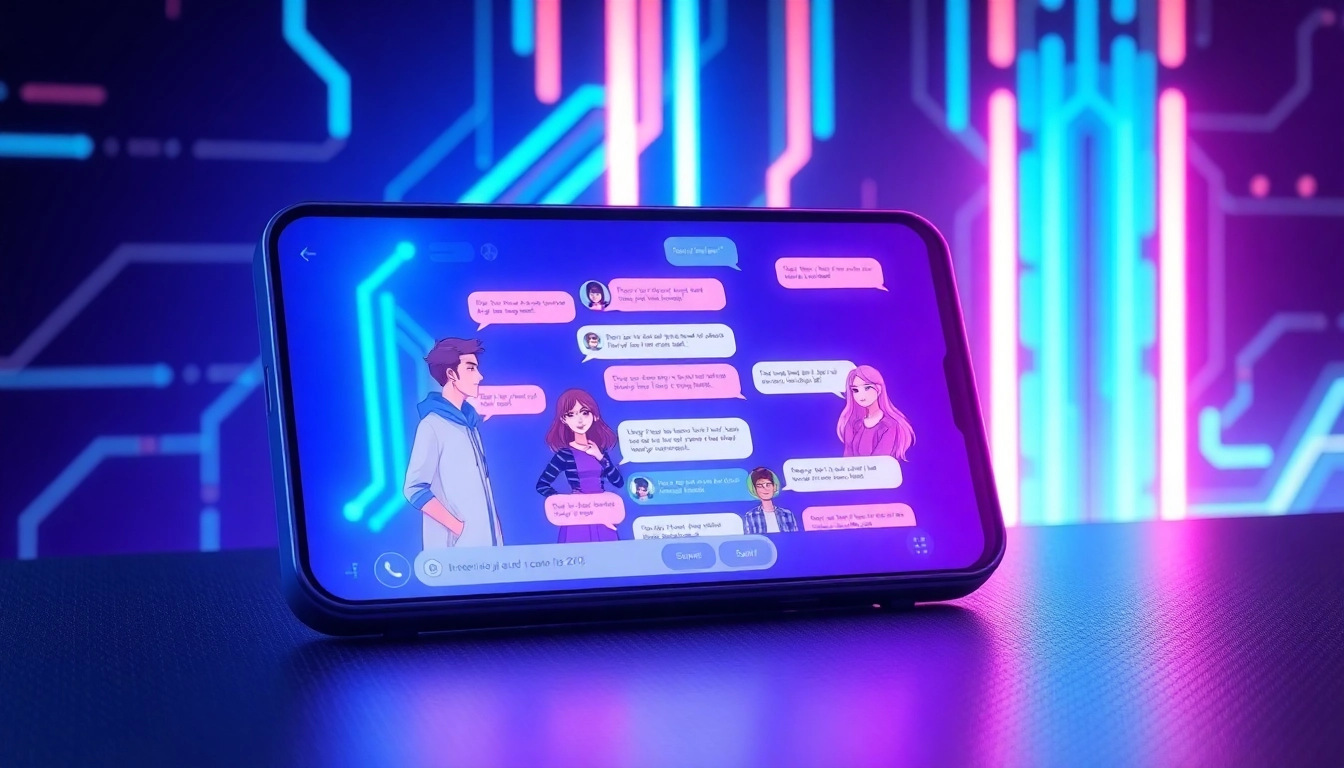 Futuristic digital interface with customizable AI characters engaging in chat conversations, neon colors and high-tech environment.