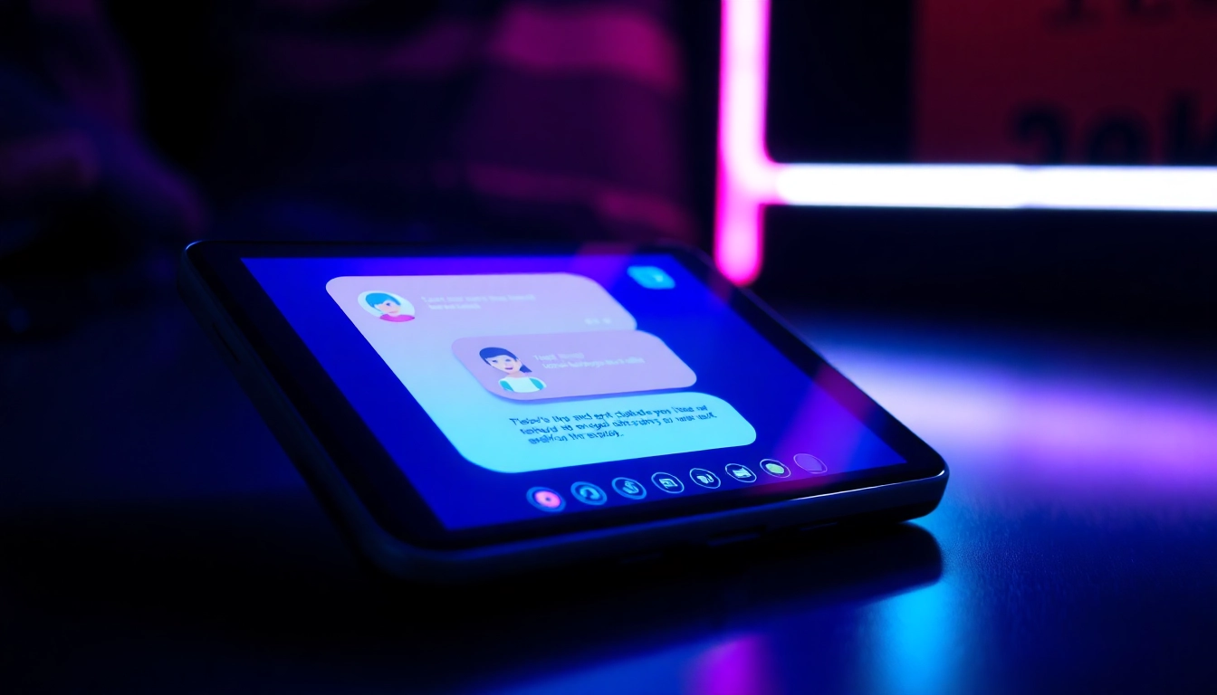 Close-up of a futuristic AI chat interface on a sleek device with neon colors and holographic characters.