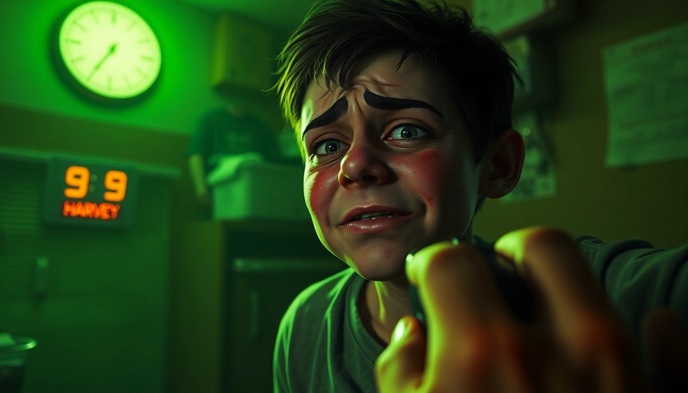 A disturbing scene of a cheerful character in distress, with a dark, gritty atmosphere emphasizing moral tension and psychological horror.