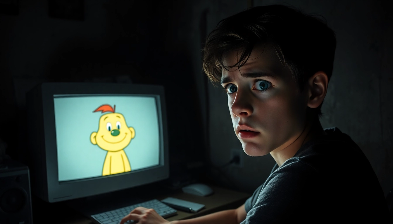 An unsettling scene of a distressed person facing a computer screen with Harvey, a cheerful cartoon character, in a dimly lit room, highlighting the moral conflict of the game.