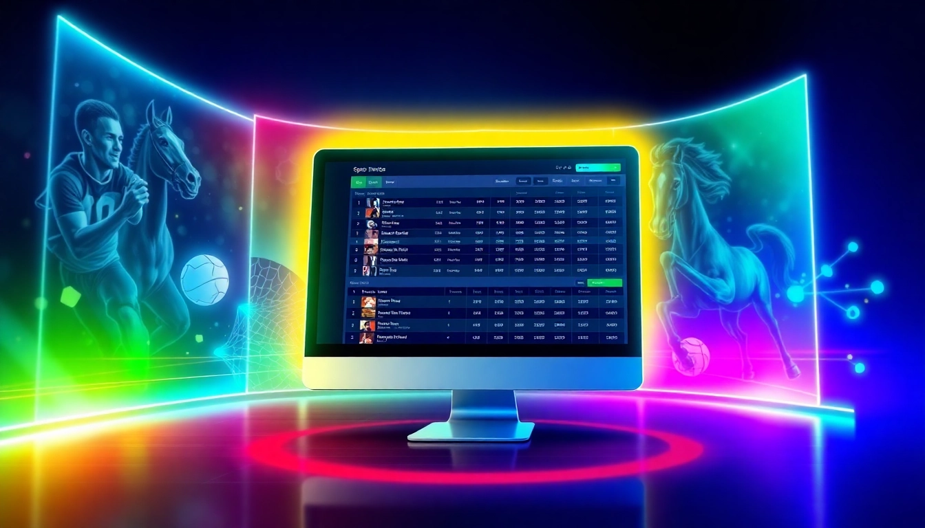 An illustration of a modern online sportsbook and casino platform interface with sports icons and glowing graphics.