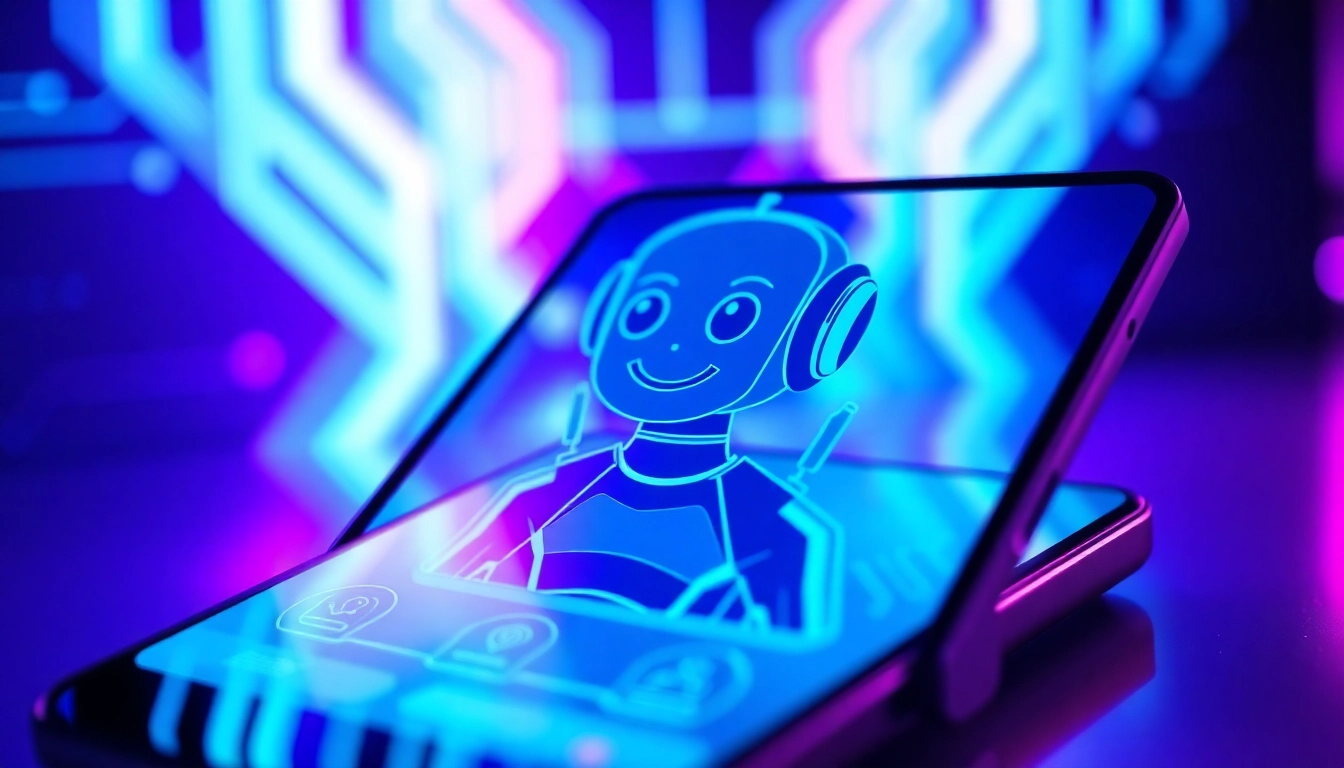 Futuristic AI chatbot interface on a modern device screen with neon lights and digital patterns.