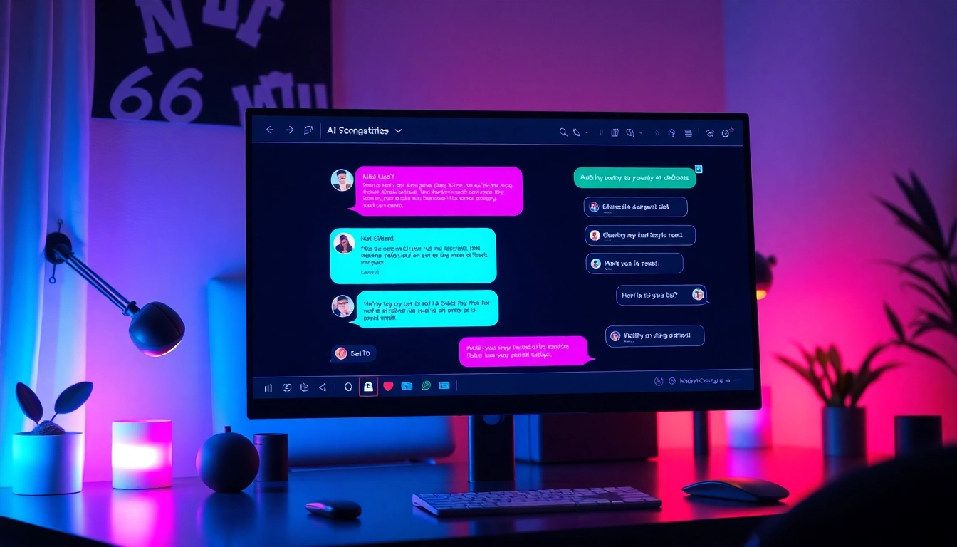 A digital interface showing a user interacting with a customizable AI chatbot on a dark-themed screen with neon accents.