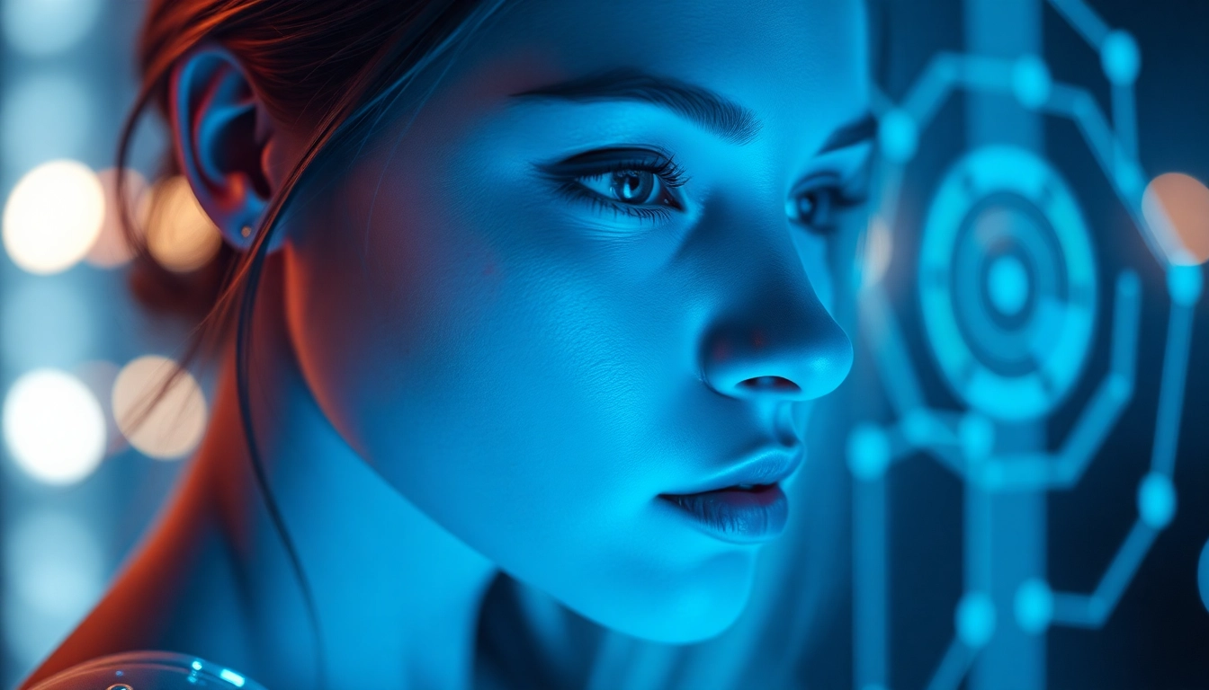 AI girlfriend engaging in a realistic conversation on a holographic screen, showcasing emotional connection and advanced chat technology, for accessibility and SEO relevance.