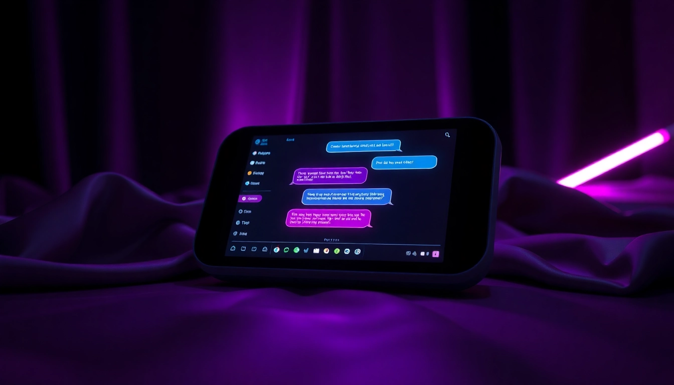 Futuristic digital chat device with neon-lit interface in an intimate setting.