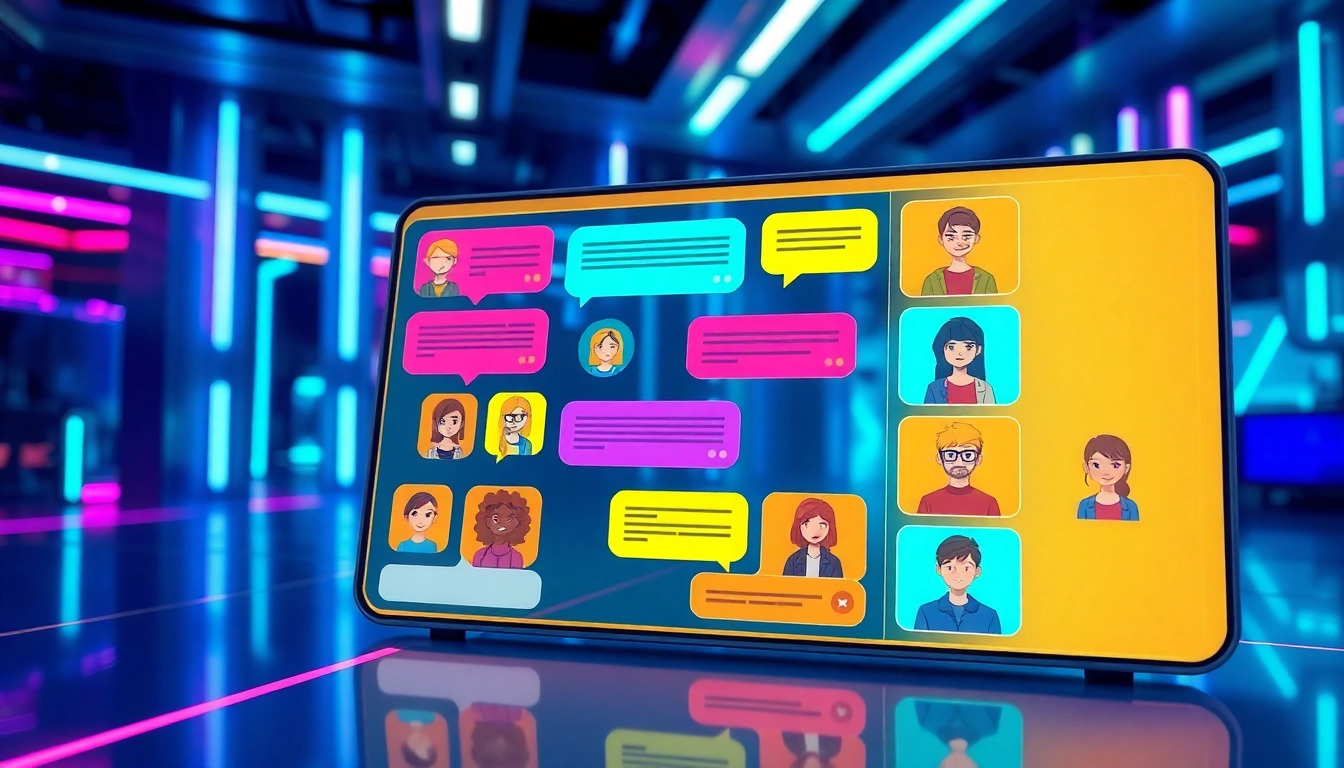 An illustration of a futuristic chatbot interface with customizable AI characters on a sleek digital screen, glowing neon accents, and a high-tech background.