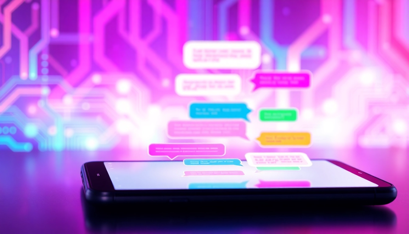 Futuristic chat interface on a device screen with colorful speech bubbles and neon digital background.