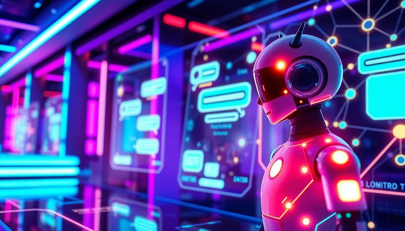 Futuristic digital scene of customizable AI chat characters in a neon-lit high-tech environment