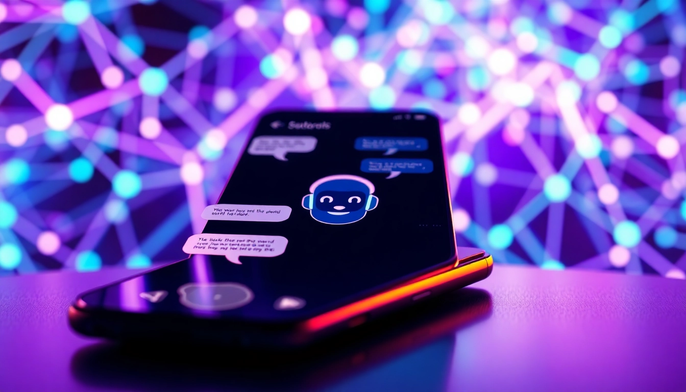 Close-up of a smartphone displaying a friendly AI chatbot interface with a futuristic digital background.