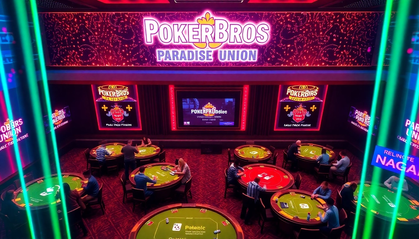Pokerbros Paradise Union community playing online poker in a lively digital environment