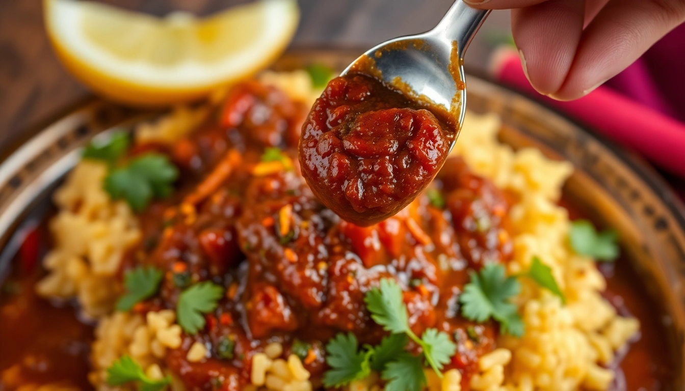 Authentic Vindaloo Paste used in a spicy Indian dish, highlighting rich texture and vibrant color
